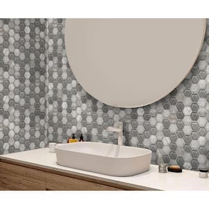 Gray 11.8 in.x12 in. Hexagon Glass and Marble Polished and Etched Mosaic Floor and Wall Tile (5-Pack)(4.92 sq. ft./Case)