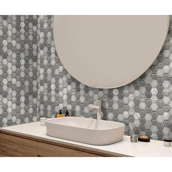 Wooden Gray 11.8 in. x 12 in. Hexagon Polished Etched Glass Marble Mosaic Floor and Wall Tile (4.92 sq. ft./case) 5-Pack