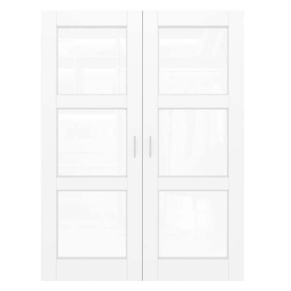64 in. x 80 in. 3-Lite Clear Glass White Solid Core Glass French Door Without Jamb Double Interior Door Slab + Ballcatch