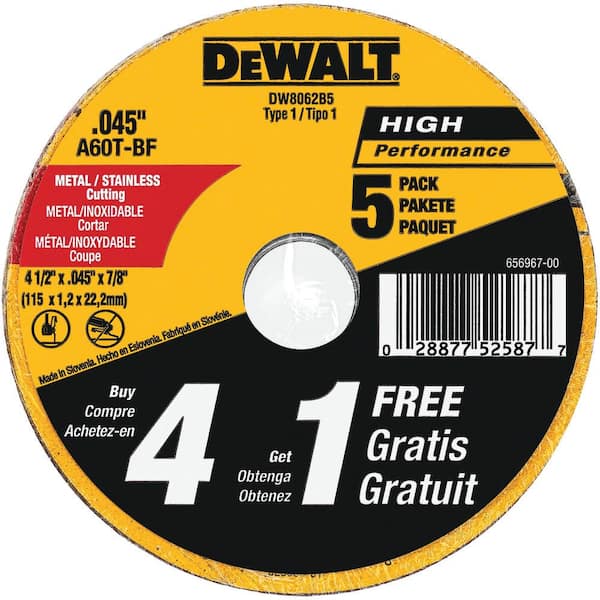 DEWALT 4-1/2 in. x 0.045 in. x 7/8 in. Metal and Stainless Cutting Wheel (5-Pack)