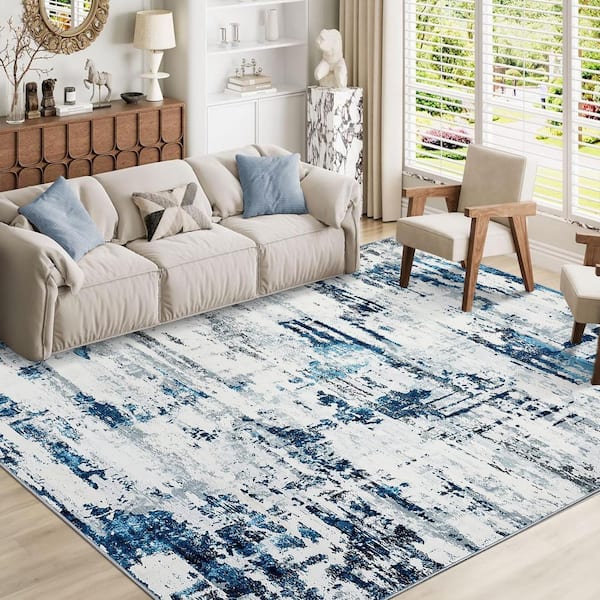Modern Abstract Low Pile Soft Thin Carpet Washable for Bedroom Living Room Laundry Office Blue, 9 ft. x 12 ft. Area Rug