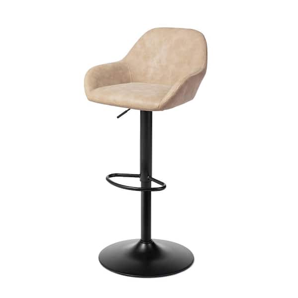 Glitzhome 34.25-43 in. H Adjustable Height Mid-Century Modern Khaki Leatherette Gaslift 360°Swivel Bar Stool With Low Back