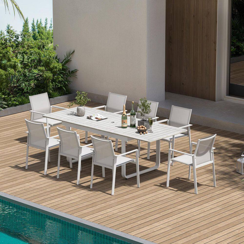 Warm Gray 9-Piece Aluminum Rectangular Table Outdoor Dining Set