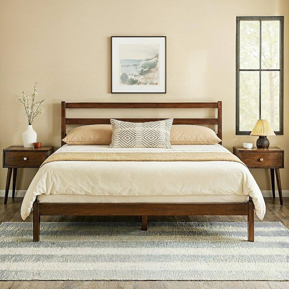 Dark Brown Solid Wood Frame Queen Size Platform Bed with Headboard