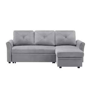 83.46 in. W Square Arm 3-Piece L Shaped Velvet Modern Sectional Sofa Pull Out Sleeper Sofa in Gray