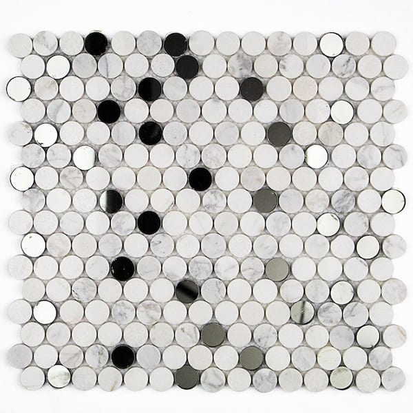 Mirage Penny Round White and Gray 11.25 in. x 12.75 in. x 8 mm Marble and Glass Wall Mosaic Tile