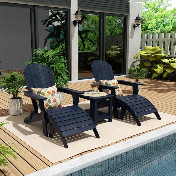 WESTIN OUTDOOR Vineyard Navy Blue Outdoor 5-Piece Plastic Folding Adirondack Chair with Folding Ottoman and Side Table Set