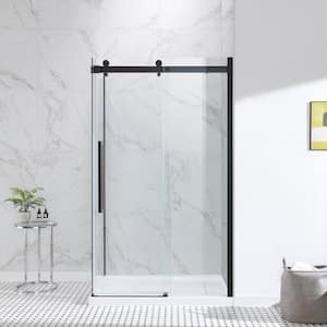 Bel Soft Close 48 in W Corner Frameless Sliding Shower Door in Oil Rubbed Bronze with Shower Pan