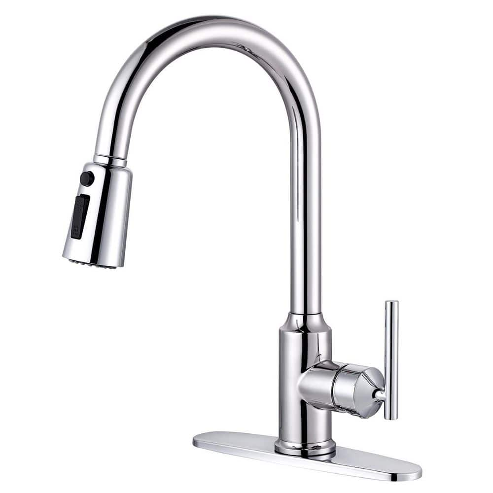 Single Handle Deck Mount Gooseneck Pull Down Sprayer Kitchen Faucet with Deckplate Included in Polished Chrome -  WOWOW, 2312701C-BHHD