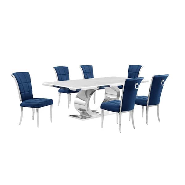 Best Quality Furniture Ibraim 7-Piece Rectangle White Marble Top With Stainless Steel Base Dining Set With 6 Navy Blue Velvet Iron Leg Chairs