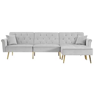 Matilda 57.90 in. Light Gray Velvet L-Shaped Twin Size Sofa Bed with Ottoman
