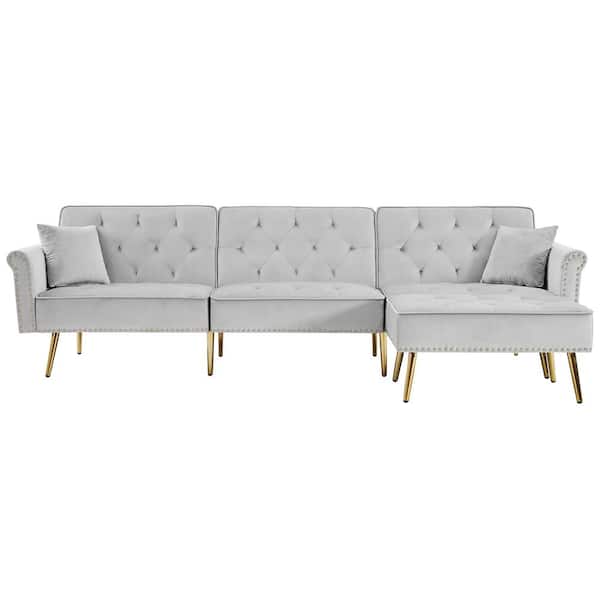 Utopia 4niture Matilda 57.90 in. Light Gray Velvet L-Shaped Twin Size Sofa Bed with Ottoman