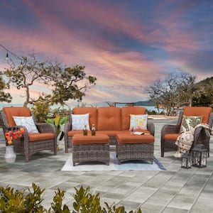 5-Piece Wicker Outdoor Patio Seating Conversation Set Sectional Sofa with Orange Cushions