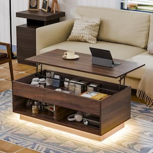 40.16 in. Walnut Rectangle Wood Lift Top Coffee Table with RGB LED Light, Hidden Compartment, Open Shelves