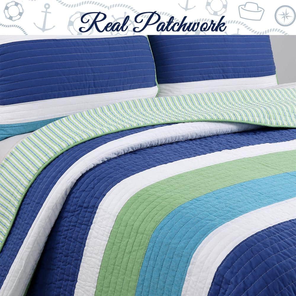 Twin Blue Cotton Reversible Patchwork Quilt Set