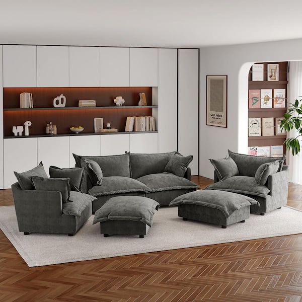 81.1 in. Flared Arm 6-piece Chenille Modular Sectional Sofa in Dark Gray