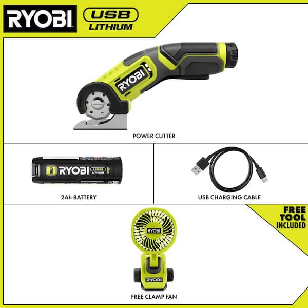 USB Lithium Power Cutter Kit with 2.0 Ah USB Lithium Battery, Charging Cable with USB Lithium Cordless Clamp Fan