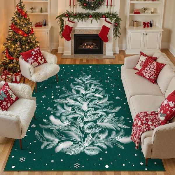 Christmas 8 ft. x 10 ft. Green Feather Christmas Tree Area Rug