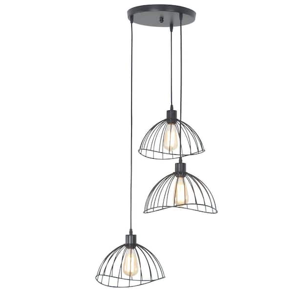 60-Watt 3 Lights Black Farmhouse Pendant Light for Kitchen Island Dining Room, with Metal Shade
