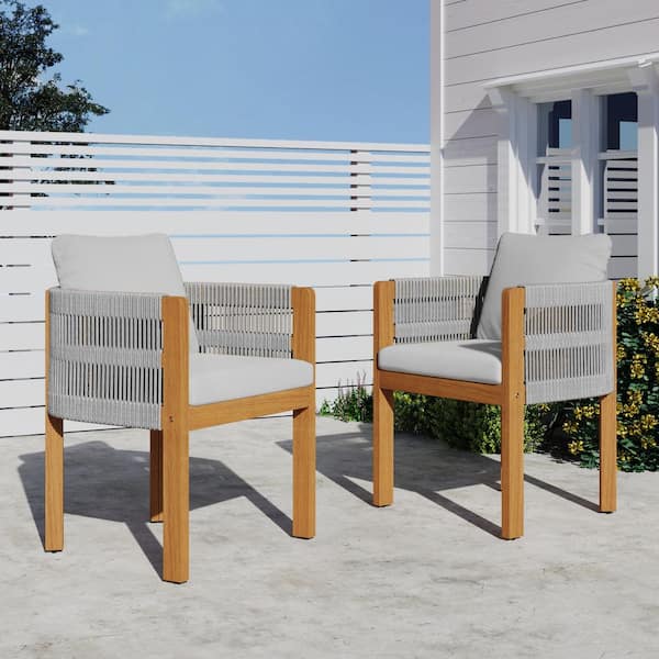 2-Pieces Acacia Wood Outdoor Dining Chairs with Grey Rope Handles and Washable Waterproof Grey Cushions