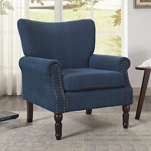 Anaya Mid Century Navy Blue Fabric Upholstered Wingback Accent Chair Nailhead Living Room Chair