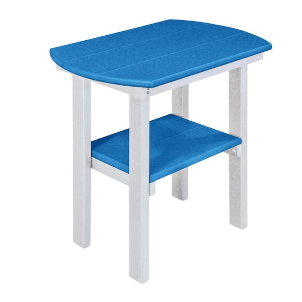 American Furniture Classics Poly White Oval Plastic Resin Outdoor Side Table with Blue Shelves