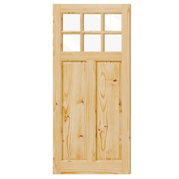 36 in. x 80 in. 6 Lite, Universal, Clear Glass, Solid Pine Wood, Light Brown Primed Wood Front Door Slab