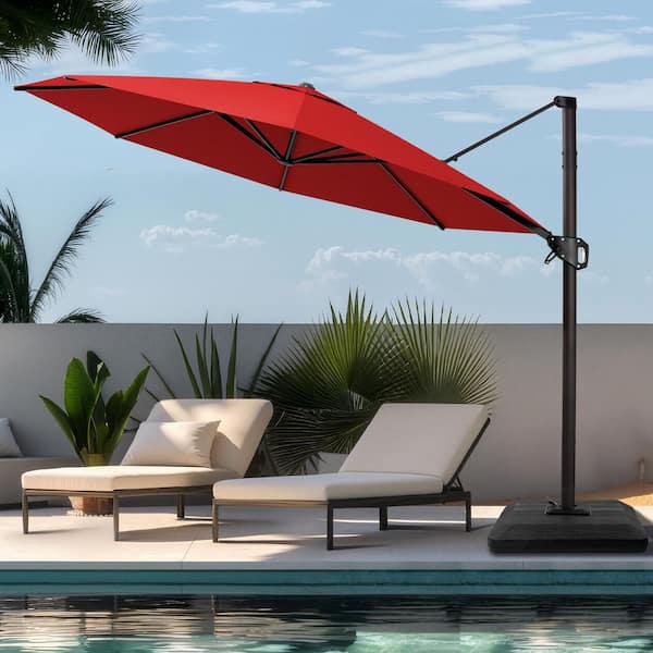 11 ft. Octagon Aluminium Outdoor 360° Rotation Cantilever Patio Umbrella in Red with Base for Pool Garden