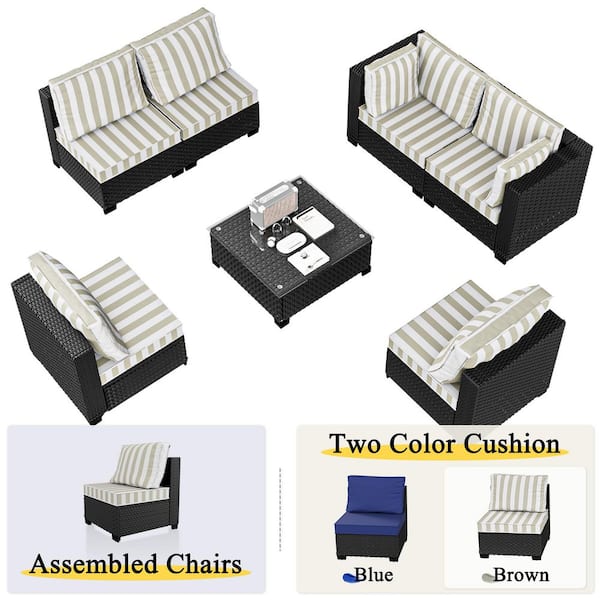 7-Piece Wicker Rattan Outdoor Patio Conversation Seating Set w/ Coffee Tables, Brown Stripe and Blue Cushion (6-Seats)