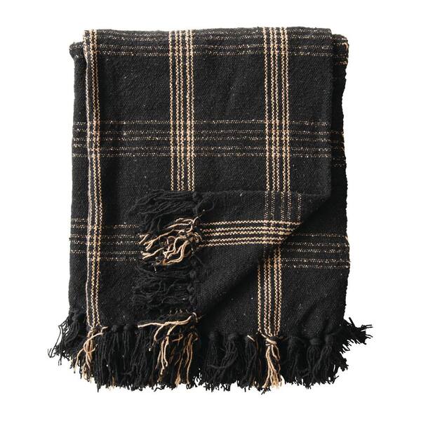 3R Studios Plaid Black and Tan Fringed Woven Cotton Blend Throw DF3609 -  The Home Depot