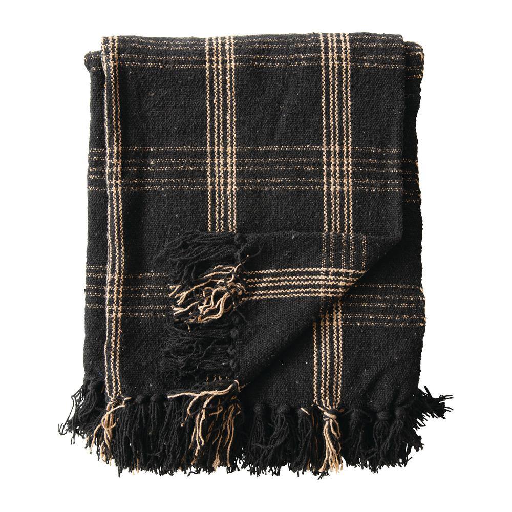 Plaid Black & Tan Fringed 60''x50'' Woven Cotton Blend Throw