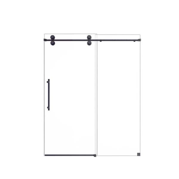 48 in. W x 76 in. H Single Sliding Frameless Shower Door in with Matte Black Clear Tempered Glass with Handle