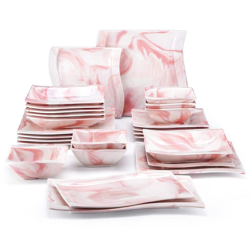 MALACASA Flora 26-Piece Marble Pink Porcelain Dinnerware Set