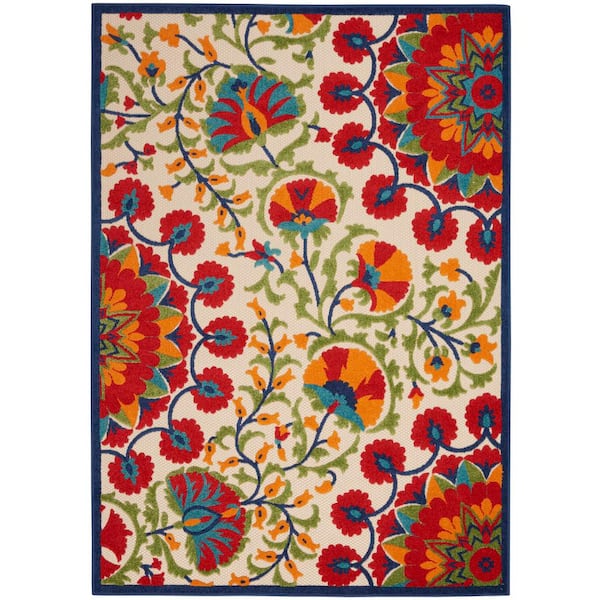 Nourison Aloha Easy-Care Red/Multicolor 6 ft. x 9 ft. Floral Modern Indoor/Outdoor Patio Area Rug