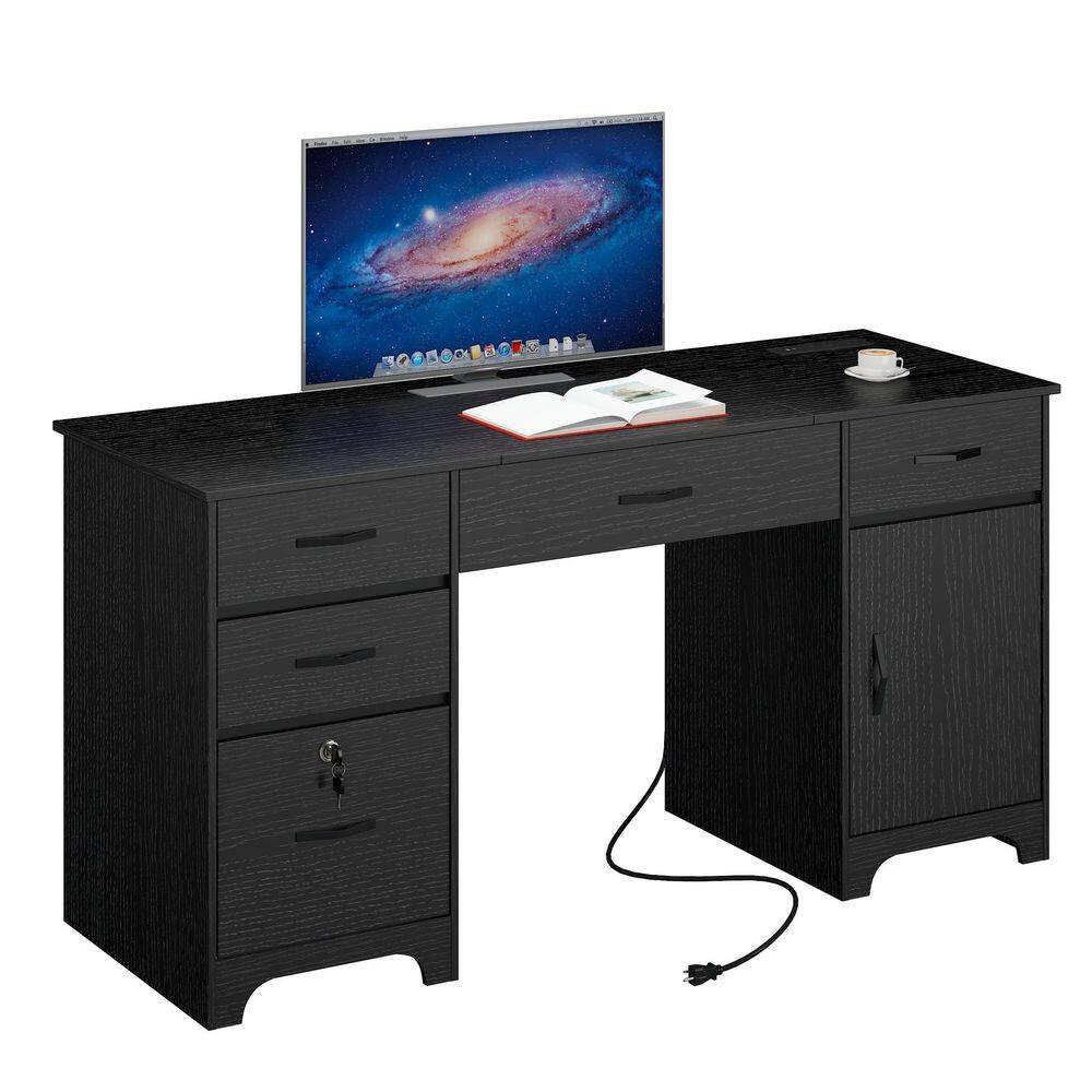 59" Rectangular Black Executive Desk with Lockable File Drawer and Power Outlet, Office Desk with 2-in-1 Keyboard Drawer