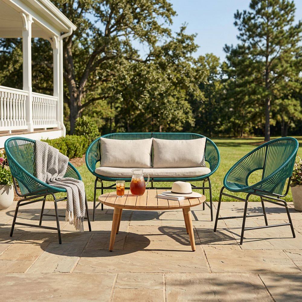 4-Piece Teal Wicker Outdoor Patio Conversation Set with Iron Frame and Natural Wood Table price history on PriceWatchPro