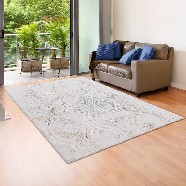 Michaela Fara Gray/Cream 7 ft. 10 in. x 9 ft. 10 in. Contemporary Carved Ikat Polyester Area Rug