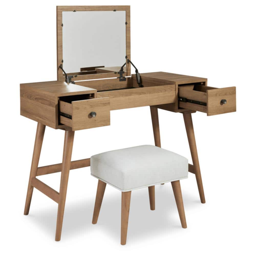Light Brown and White 2-Drawer Vanity with Upholstered Stool