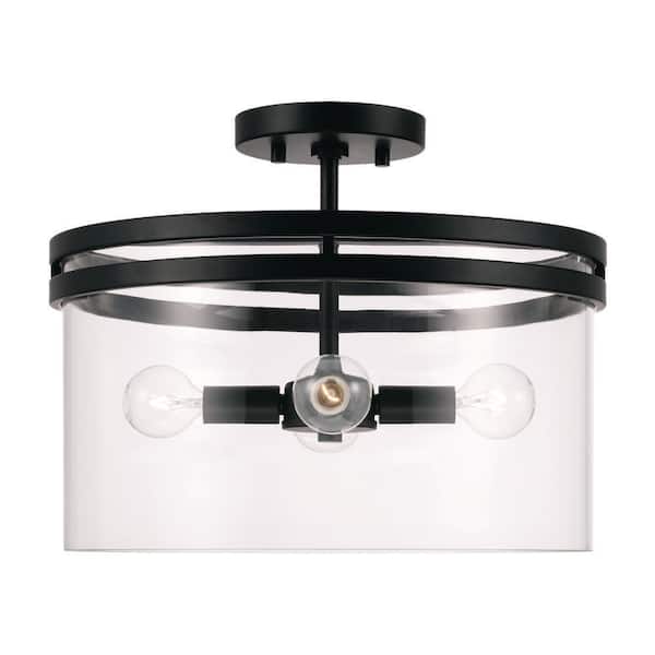 HOMEPLACE LIGHTING Fuller 14.5 in. W x 12.75 in. H 4-Light Dual Mount Pendant or Semi-Flush in Matte Black with Clear Glass