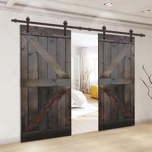 K Series 72 in. x 84 in. Dark Coffee Stained Solid Pine Wood Double Interior Sliding Barn Door with Hardware Kit