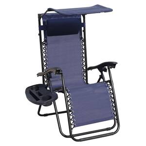 Adjustable Lounge Navy Blue 1-Piece Metal Outdoor Recliner with Pillow, Storable Sunshade and Adjustable Side Drops