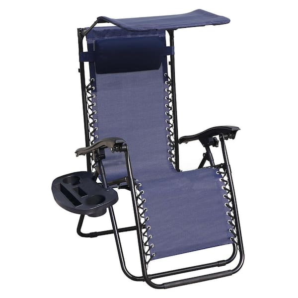 ITOPFOX Adjustable Lounge Navy Blue 1-Piece Metal Outdoor Recliner with Pillow, Storable Sunshade and Adjustable Side Drops