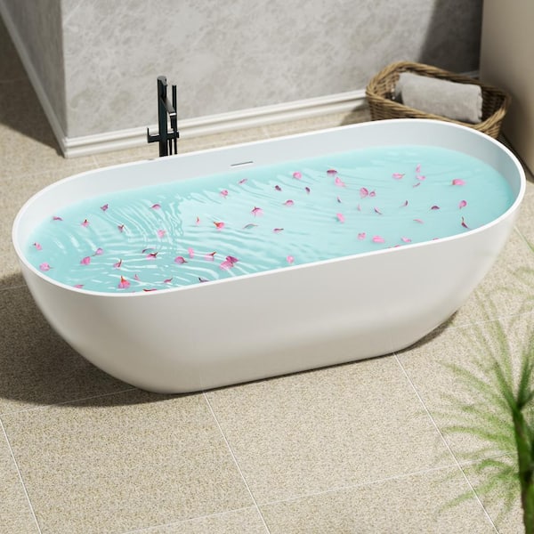 Unbranded 63 in. x 30 in. Freestanding Soaking Synthetic Stone Bathtub with Center Drain in Matte White
