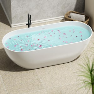 63 in. x 30 in. Freestanding Soaking Synthetic Stone Bathtub with Center Drain in Sleek White