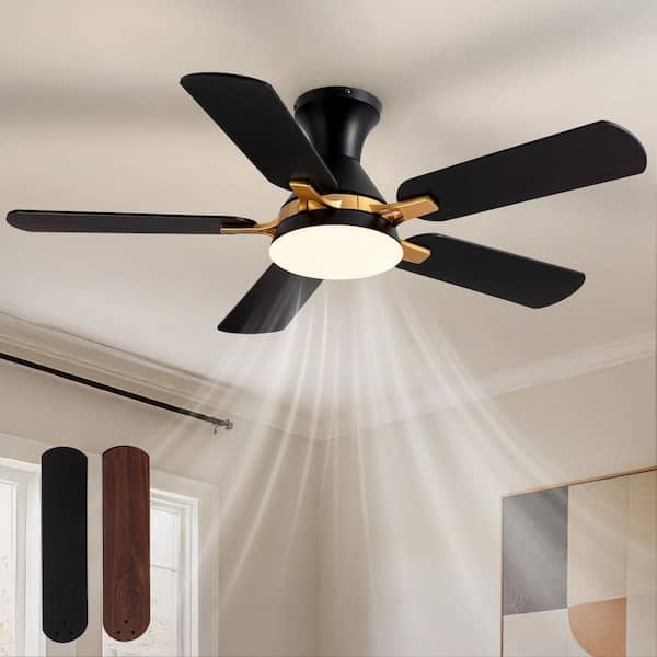 42 in. Indoor Modern Black and Brown Blades Standard Flush Mount Low Profile Ceiling Fan with Integrated LED and Remote