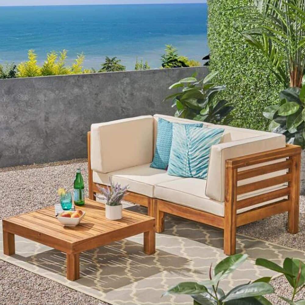 3-Piece Acacia Wood Outdoor Loveseat Set with Beige Water-Resistant Cushions and Coffee Table price history on PriceWatchPro