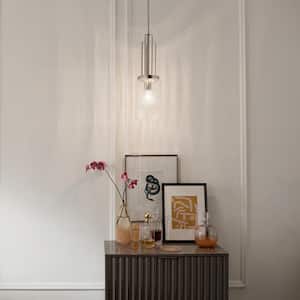 Kimrose 1-Light Polished Nickel with Satin Nickel Art Deco Shaded Kitchen Mini Pendant Hanging Light with Ribbed Glass