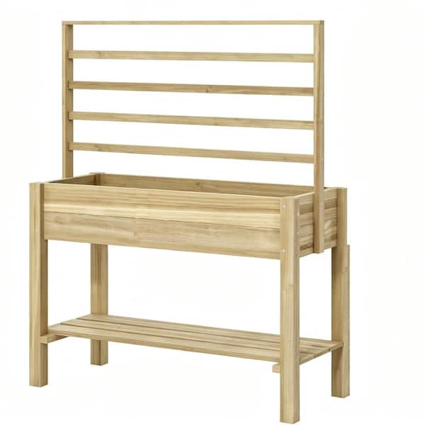 54 in. H Wood Raised Garden Bed with Central Trellis, Outdoor Planter Box with Storage Shelf for Vegetables, Flowers
