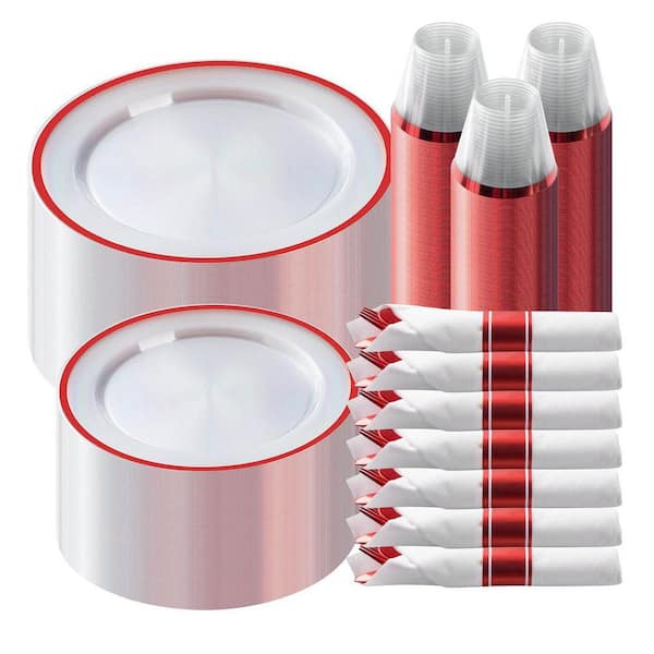 Red Plasticware 350Pcs Red Plastic Dinnerware Set, Disposable Plates for 50 Guests w ...