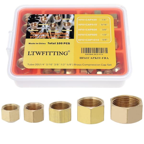 LTWFITTING Assortment Kit Tube OD 1/4" 5/16" 3/8" 1/2" 5/8" Brass Compression Cap Set (100-Pack)